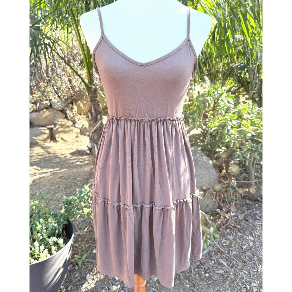 Brown Tiered Babydoll Mini Dress Medium M Spaghetti Strap Ruffle Y2K Cami Top